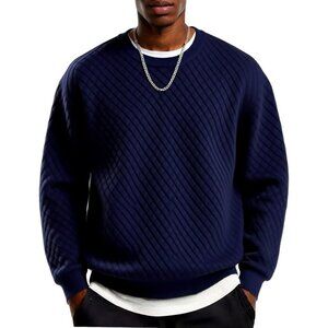 Coofandy Men Navy Blue Crewneck Geometric Texture Long Sleeve Sweatshirt